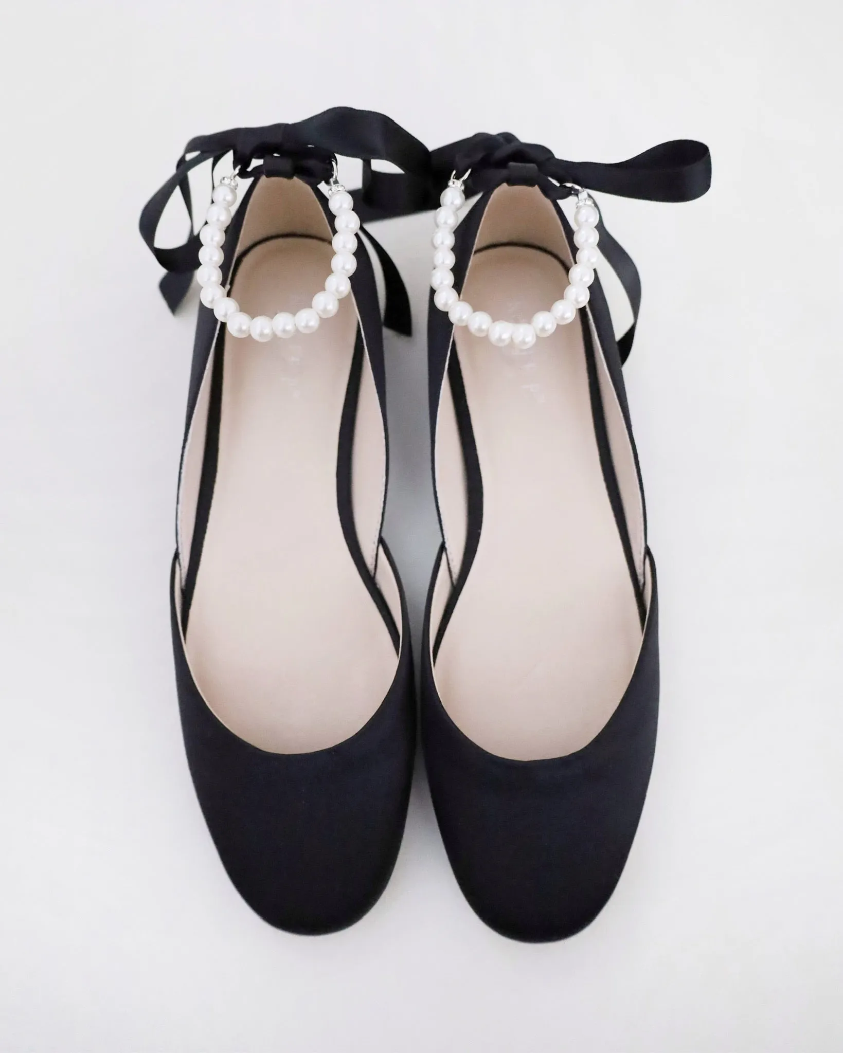 Black Satin Round Toe Evening Flat with Pearl Strap