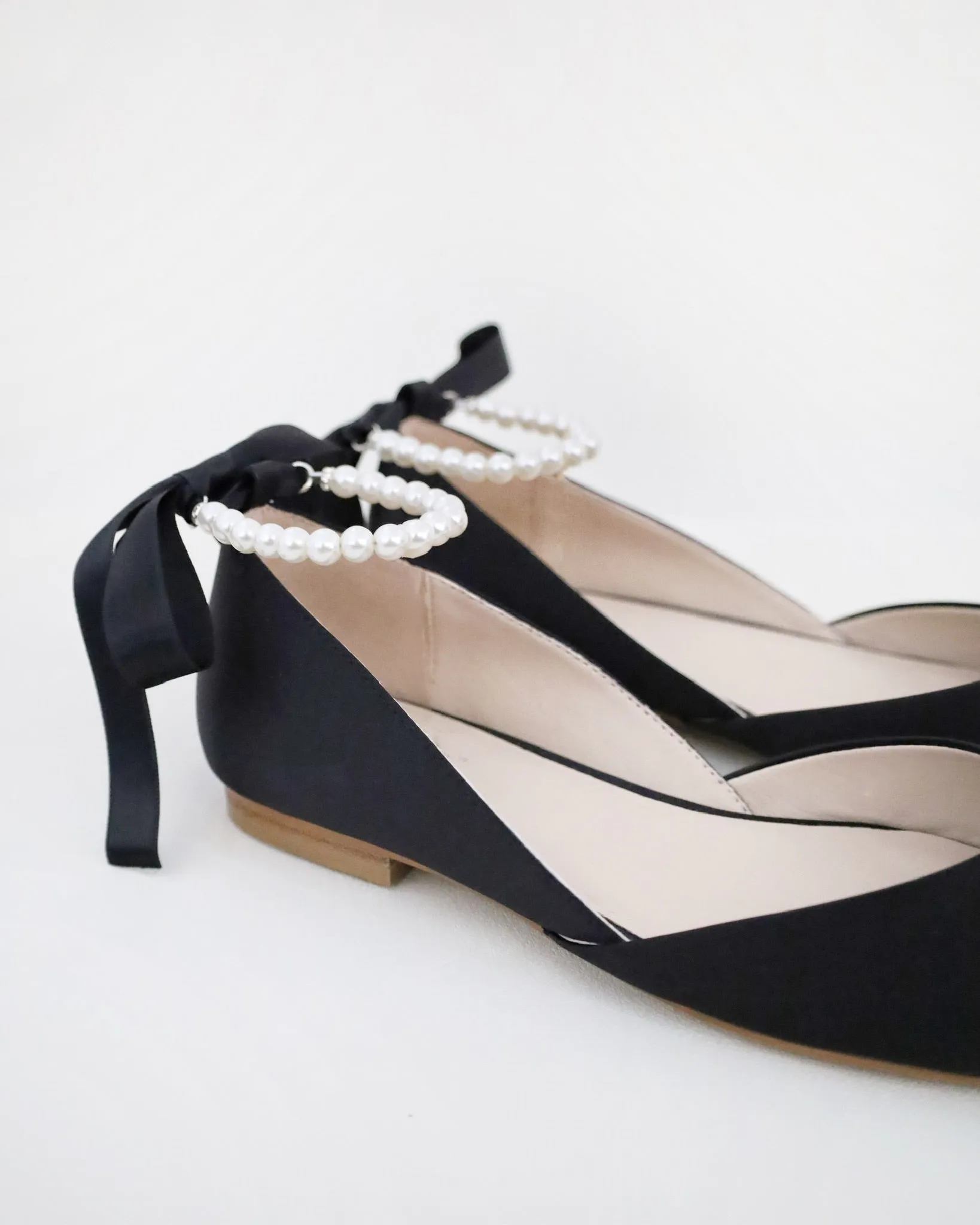 Black Satin Round Toe Evening Flat with Pearl Strap