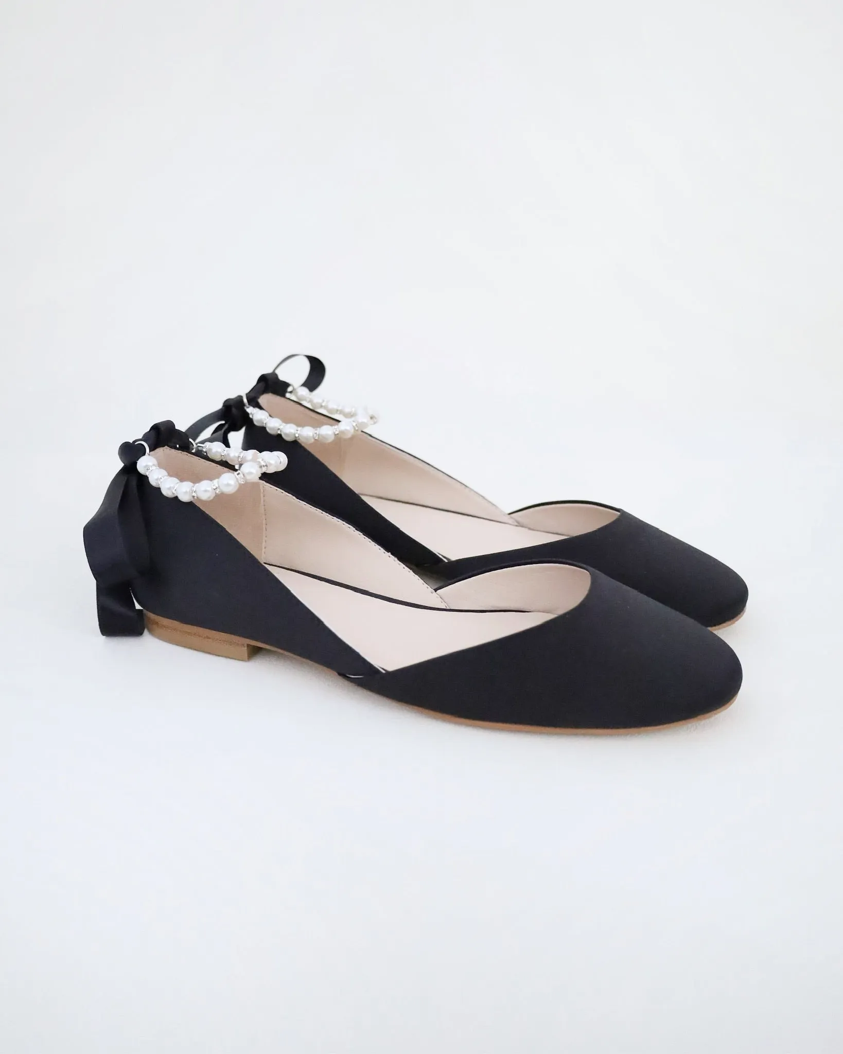 Black Satin Round Toe Evening Flat with Pearl Strap