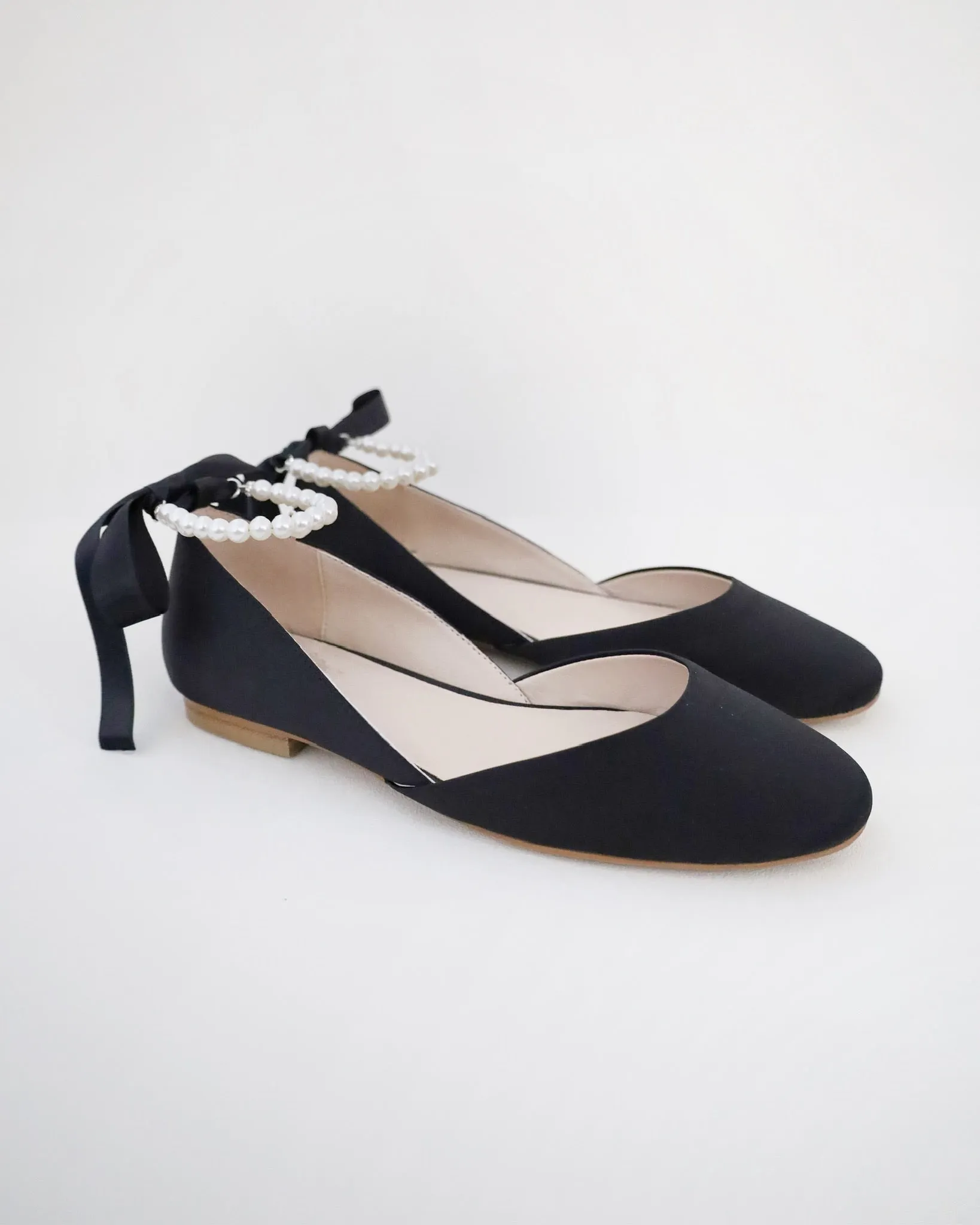 Black Satin Round Toe Evening Flat with Pearl Strap