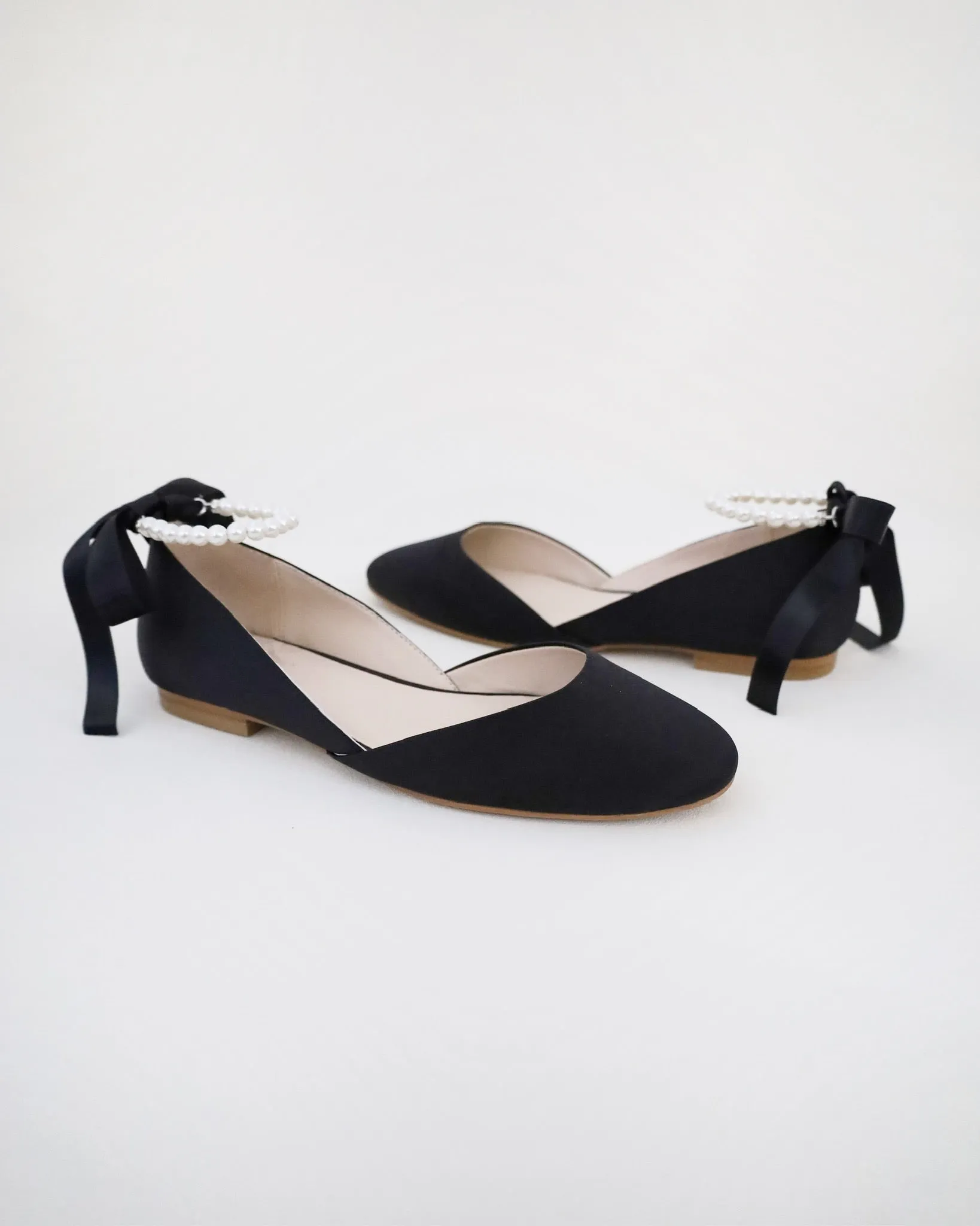 Black Satin Round Toe Evening Flat with Pearl Strap