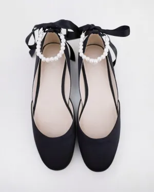 Black Satin Round Toe Evening Flat with Pearl Strap