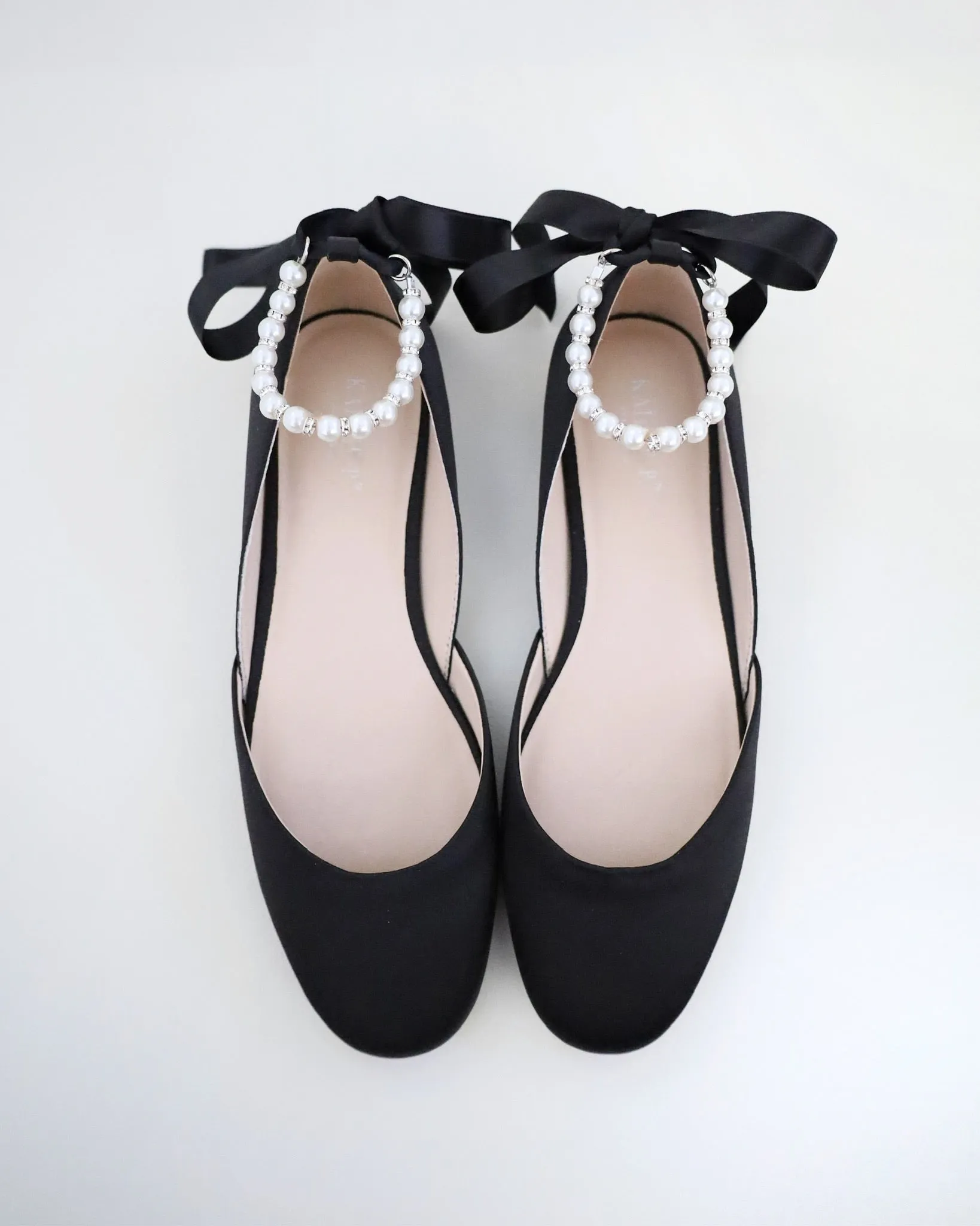 Black Satin Round Toe Evening Flat with Pearl Strap