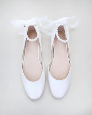 Bridal Round Toe Flat with Pearl Strap