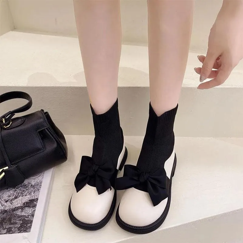 British Style Knitted Stretch Short Boots Women 2021 All-match Flat Bow with Skirt and Socks Boots