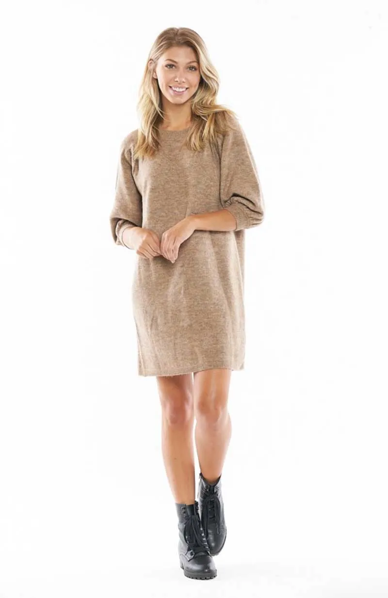Camel Puff Sleeve Dress