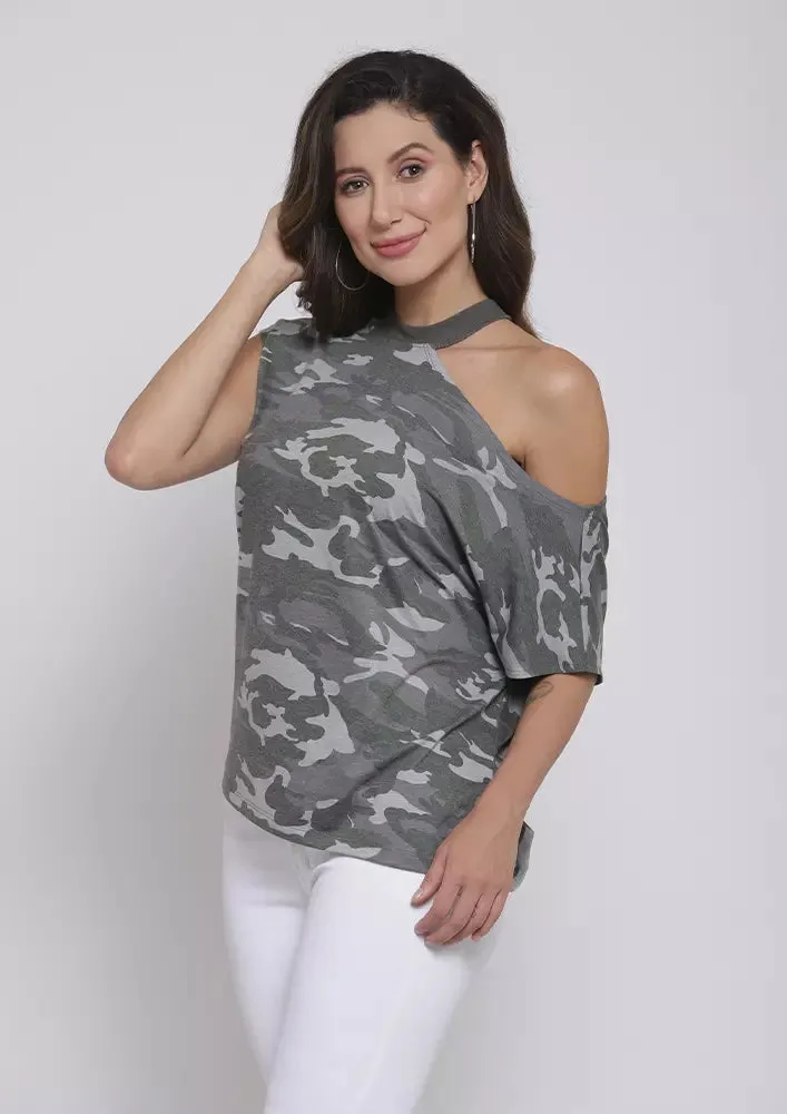 Camouflage Print Cutout Shoulder T-Shirt