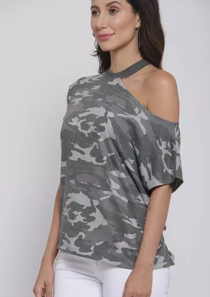 Camouflage Print Cutout Shoulder T-Shirt