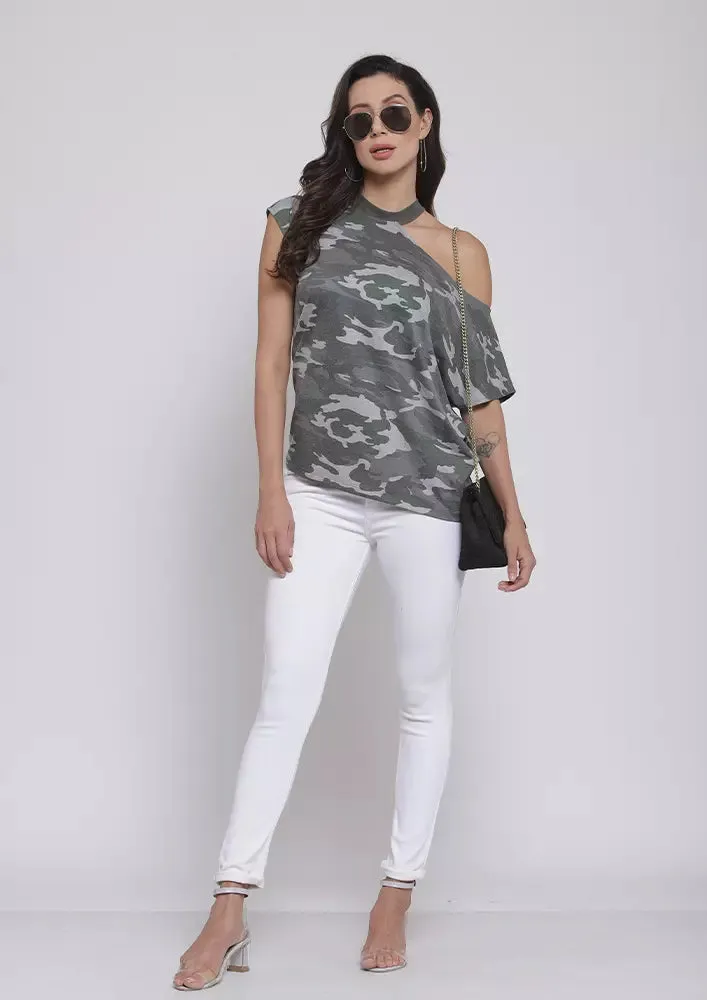 Camouflage Print Cutout Shoulder T-Shirt