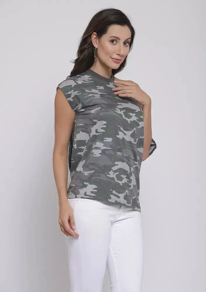 Camouflage Print Cutout Shoulder T-Shirt