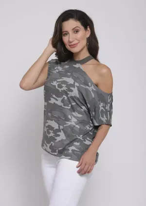 Camouflage Print Cutout Shoulder T-Shirt