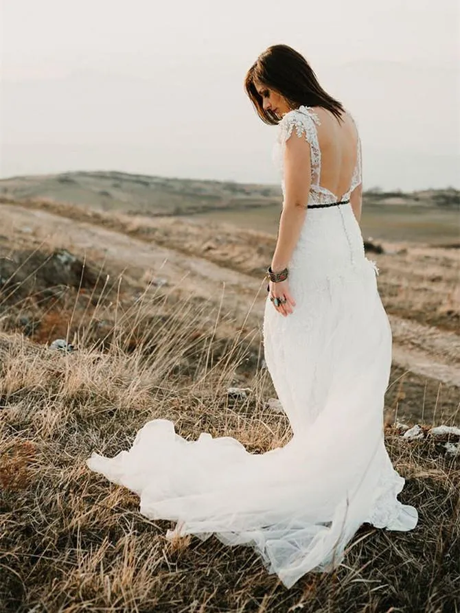 Cap Sleeve Lace Vintage Wedding Dress Backless A-Line Rustic Wedding Dress Bridal Gown CA067
