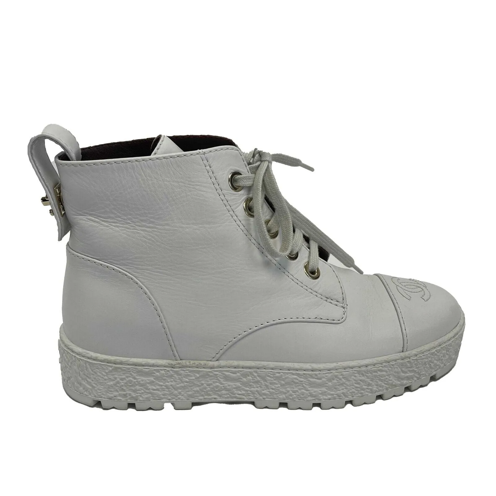Chanel- CC Leather 21B Ultra Rare Combat Boots Size 37 US 7