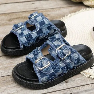 Checkered Cloth Buckle Sandals