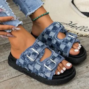 Checkered Cloth Buckle Sandals