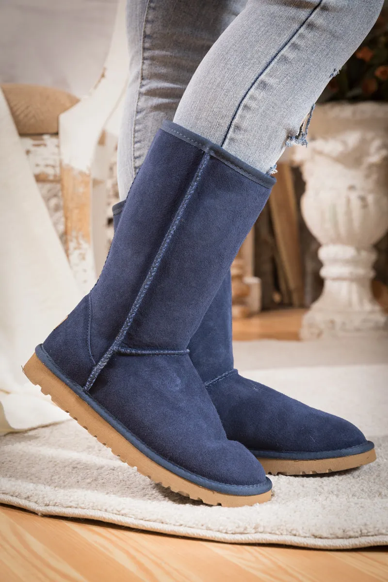 Classic Suede Mid-Length Boots - Navy