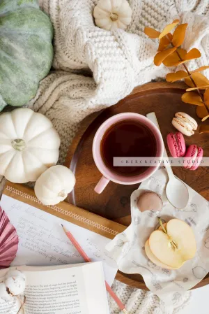 Coffee, Books & Fall Pumpkins. Digital Stock Image.