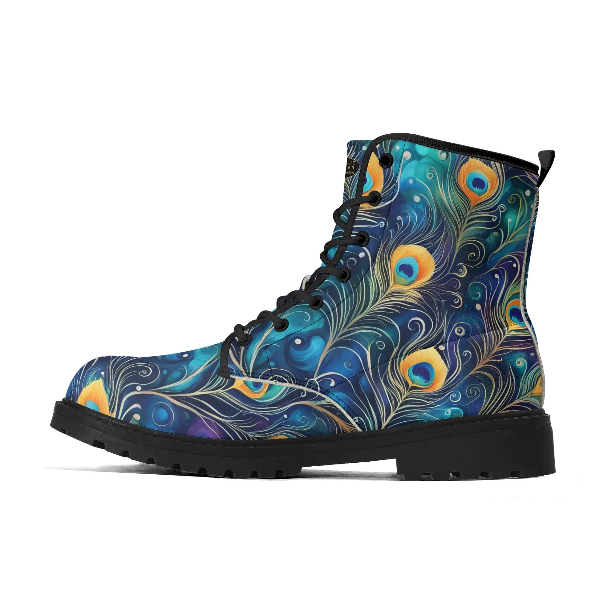 Colorful Blue Peacock Feathers Womens Vegan Boots