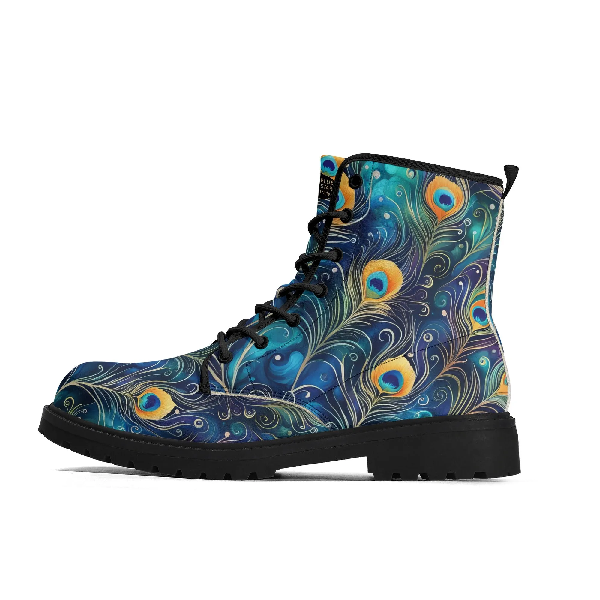 Colorful Blue Peacock Feathers Womens Vegan Boots