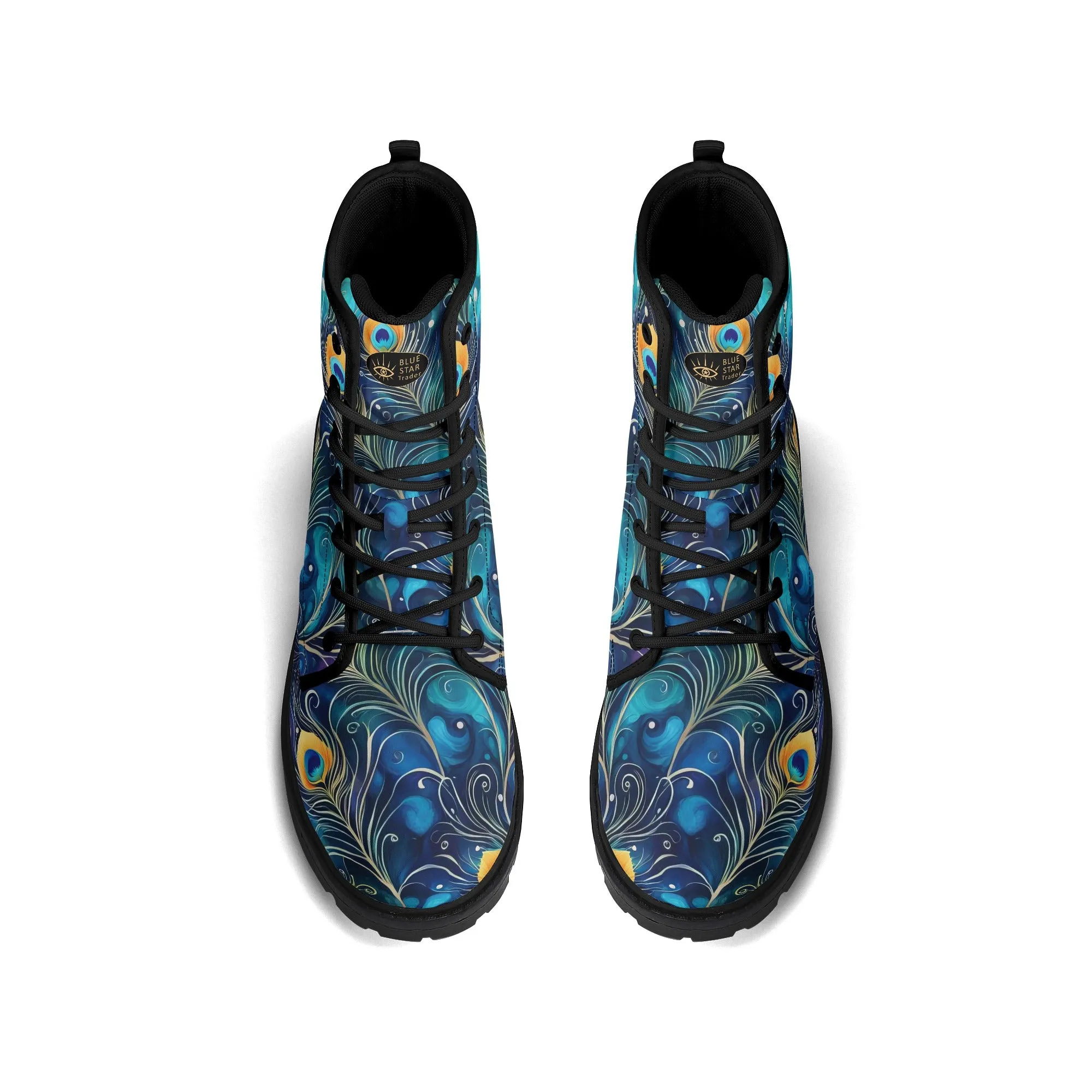 Colorful Blue Peacock Feathers Womens Vegan Boots