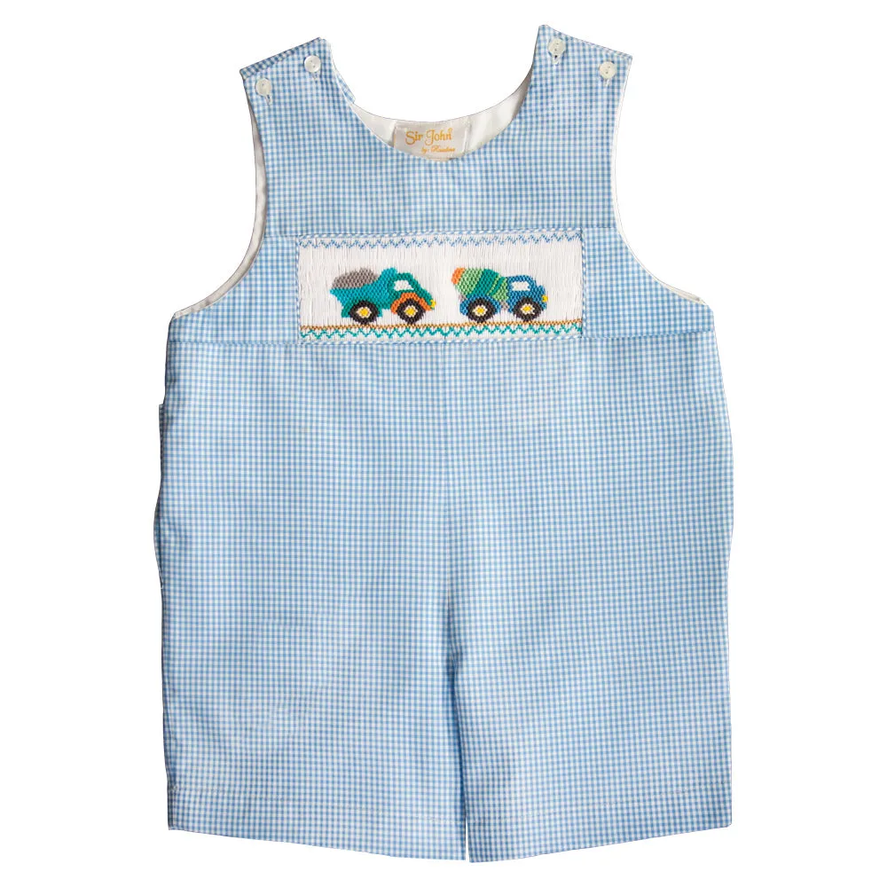 Construction Trucks Blue Gingham Smocked Romper