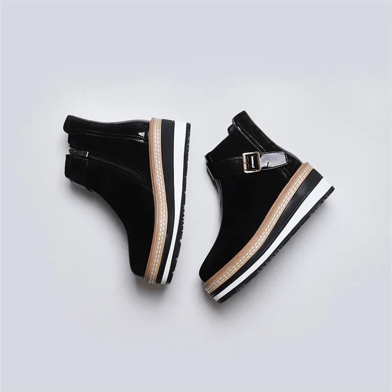 Cow Suede Leather Women Ankle Boots Warm Autumn Winter Riding Boots Platforms Zipper Shoes Woman High Heels Female Shoes