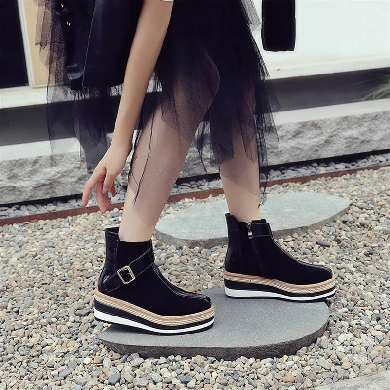 Cow Suede Leather Women Ankle Boots Warm Autumn Winter Riding Boots Platforms Zipper Shoes Woman High Heels Female Shoes
