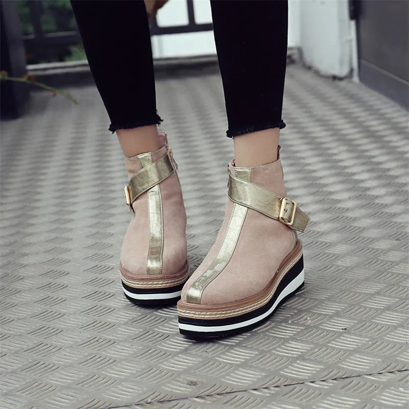 Cow Suede Leather Women Ankle Boots Warm Autumn Winter Riding Boots Platforms Zipper Shoes Woman High Heels Female Shoes