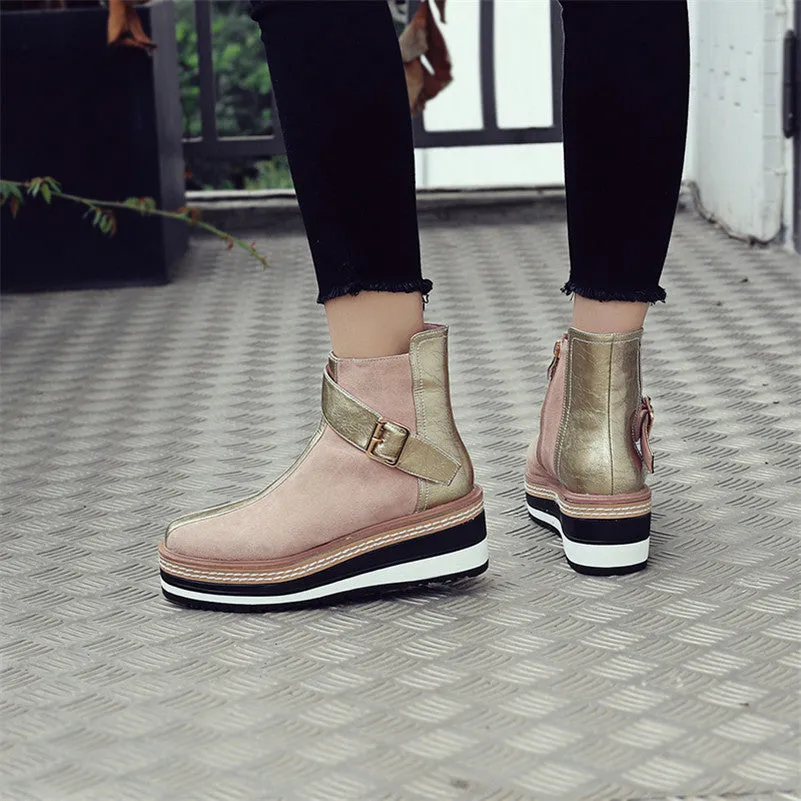 Cow Suede Leather Women Ankle Boots Warm Autumn Winter Riding Boots Platforms Zipper Shoes Woman High Heels Female Shoes