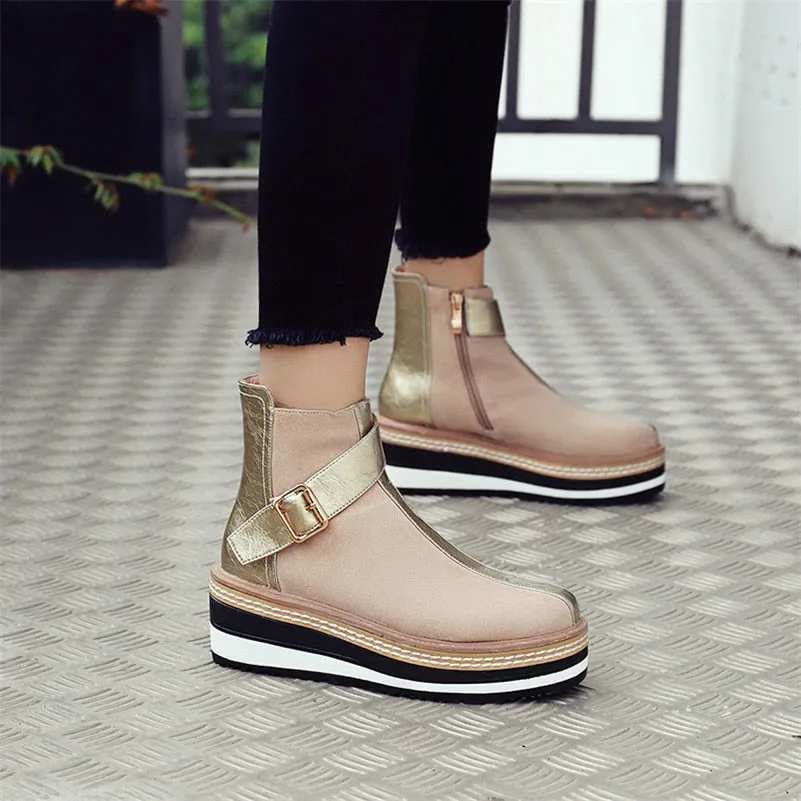Cow Suede Leather Women Ankle Boots Warm Autumn Winter Riding Boots Platforms Zipper Shoes Woman High Heels Female Shoes
