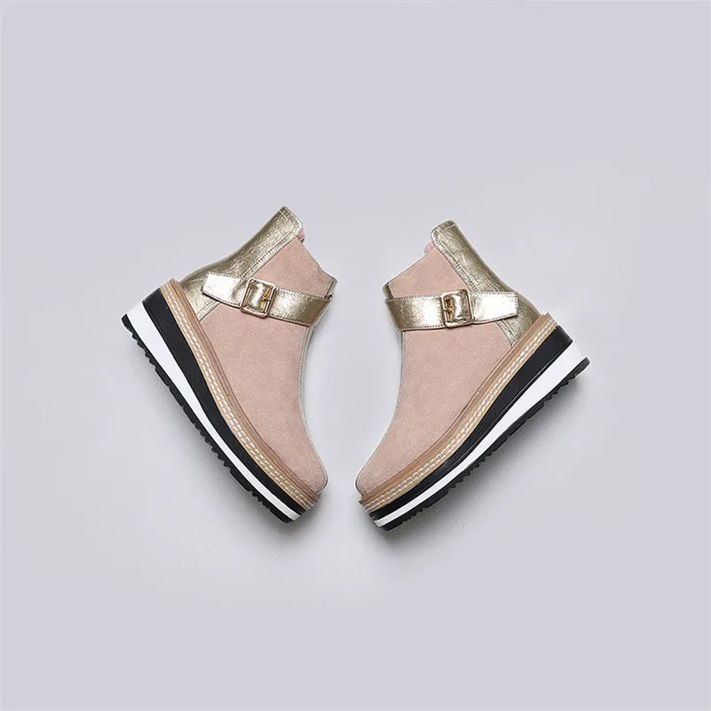 Cow Suede Leather Women Ankle Boots Warm Autumn Winter Riding Boots Platforms Zipper Shoes Woman High Heels Female Shoes