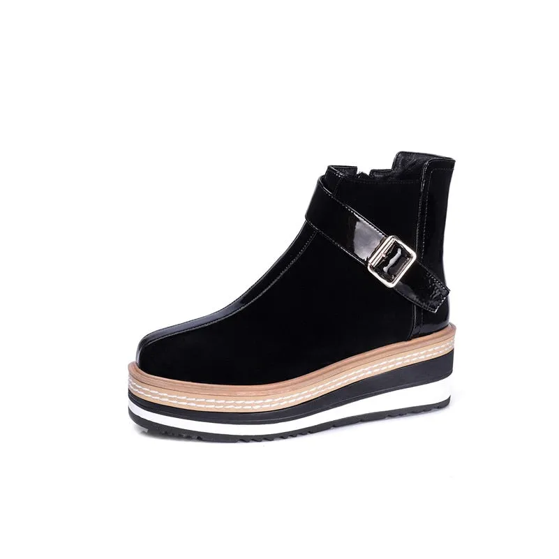 Cow Suede Leather Women Ankle Boots Warm Autumn Winter Riding Boots Platforms Zipper Shoes Woman High Heels Female Shoes