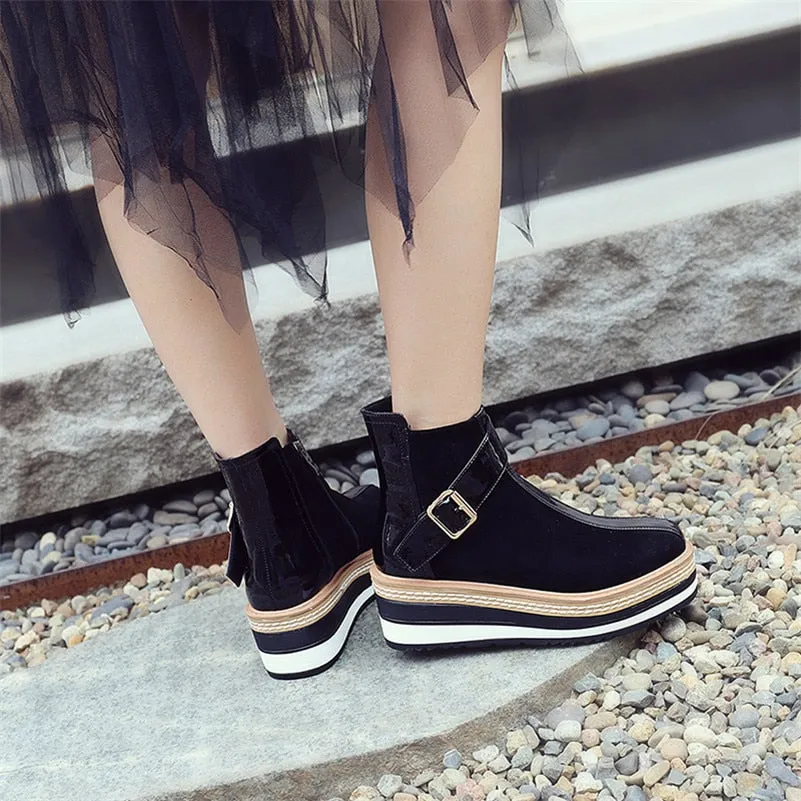 Cow Suede Leather Women Ankle Boots Warm Autumn Winter Riding Boots Platforms Zipper Shoes Woman High Heels Female Shoes