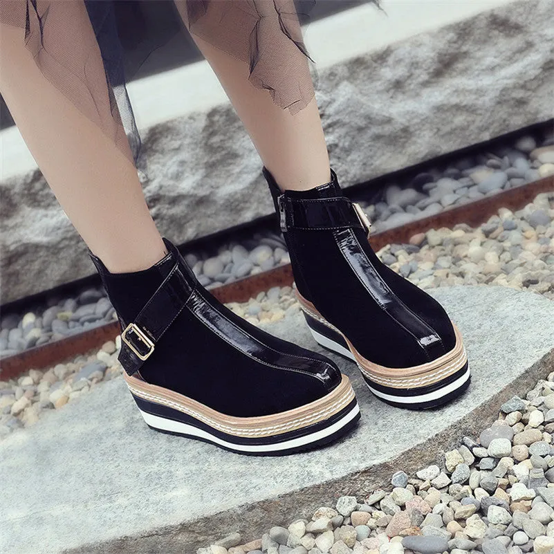 Cow Suede Leather Women Ankle Boots Warm Autumn Winter Riding Boots Platforms Zipper Shoes Woman High Heels Female Shoes