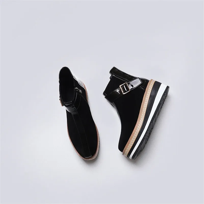 Cow Suede Leather Women Ankle Boots Warm Autumn Winter Riding Boots Platforms Zipper Shoes Woman High Heels Female Shoes