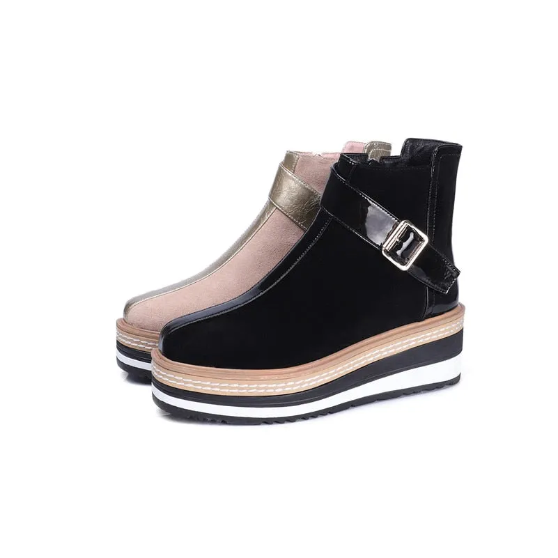 Cow Suede Leather Women Ankle Boots Warm Autumn Winter Riding Boots Platforms Zipper Shoes Woman High Heels Female Shoes