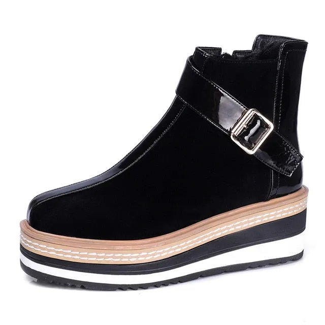 Cow Suede Leather Women Ankle Boots Warm Autumn Winter Riding Boots Platforms Zipper Shoes Woman High Heels Female Shoes