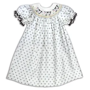 Cows White & Grey Polka Dot Smocked Bishop with RicRac