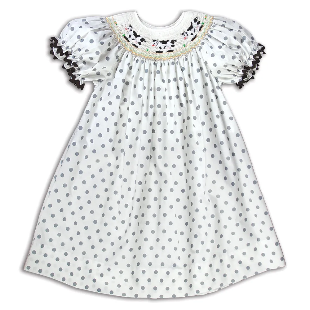 Cows White & Grey Polka Dot Smocked Bishop with RicRac