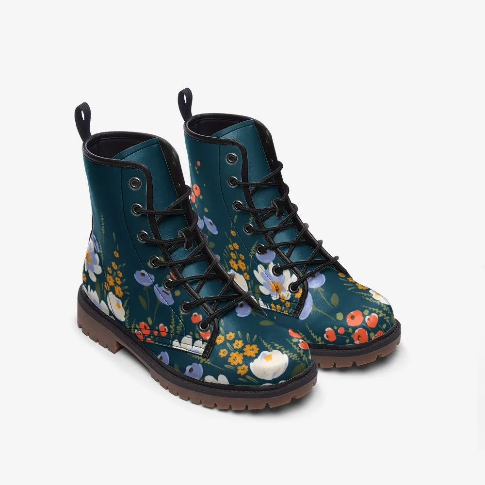 Dark Blue Vintage Floral Vegan Leather Unisex Boots
