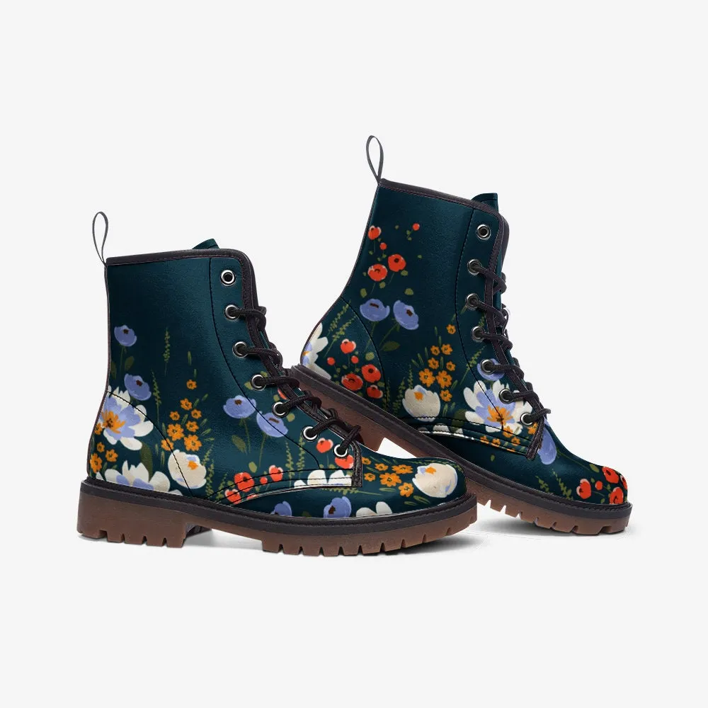 Dark Blue Vintage Floral Vegan Leather Unisex Boots