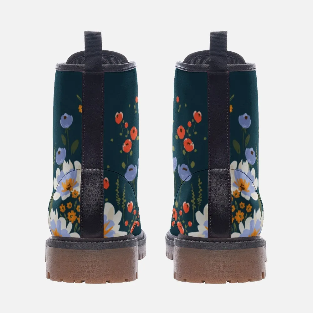 Dark Blue Vintage Floral Vegan Leather Unisex Boots