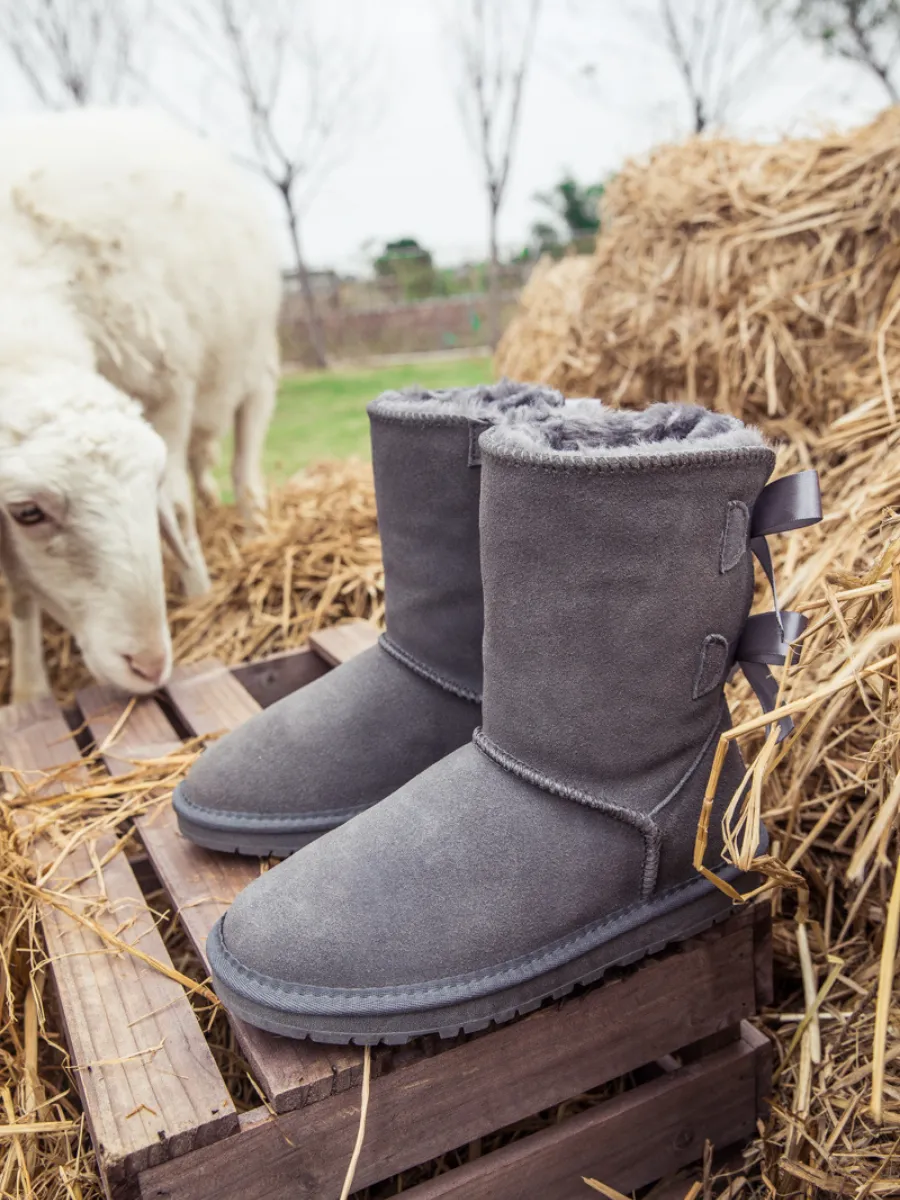 Double-Bow Back Ribbon Suede Boots - Steel Grey