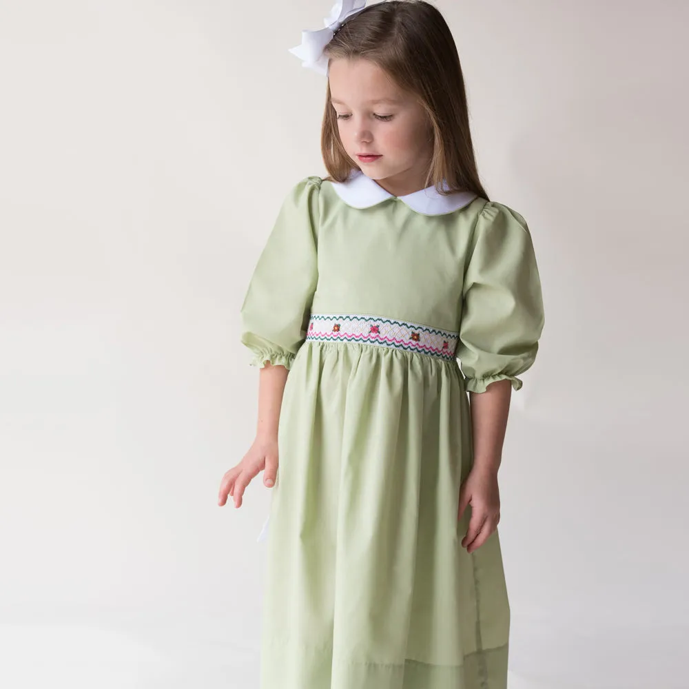 Elena Moss Green 3/4 Sleeve Smocked Baby Dress w/Peter Pan Collar