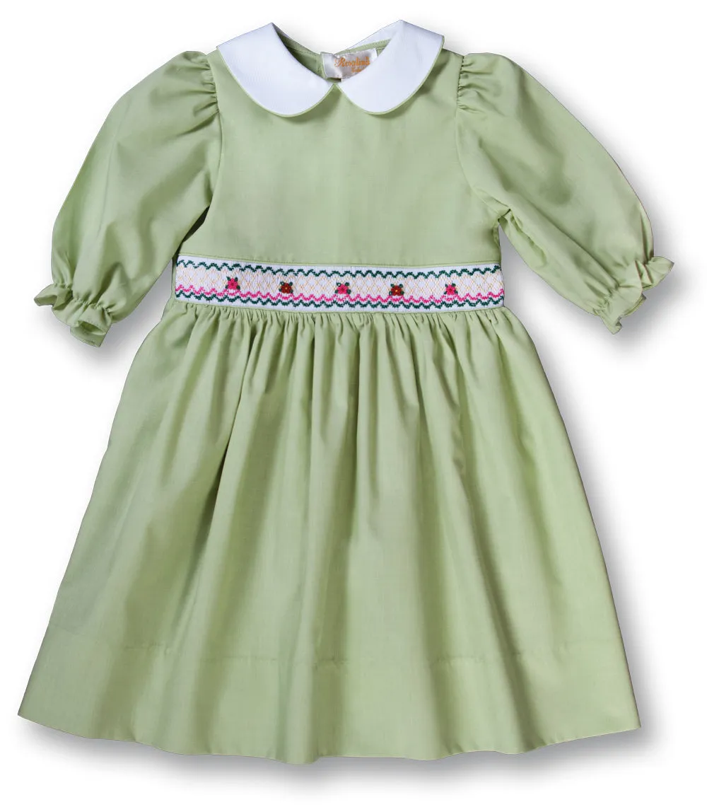 Elena Moss Green 3/4 Sleeve Smocked Baby Dress w/Peter Pan Collar