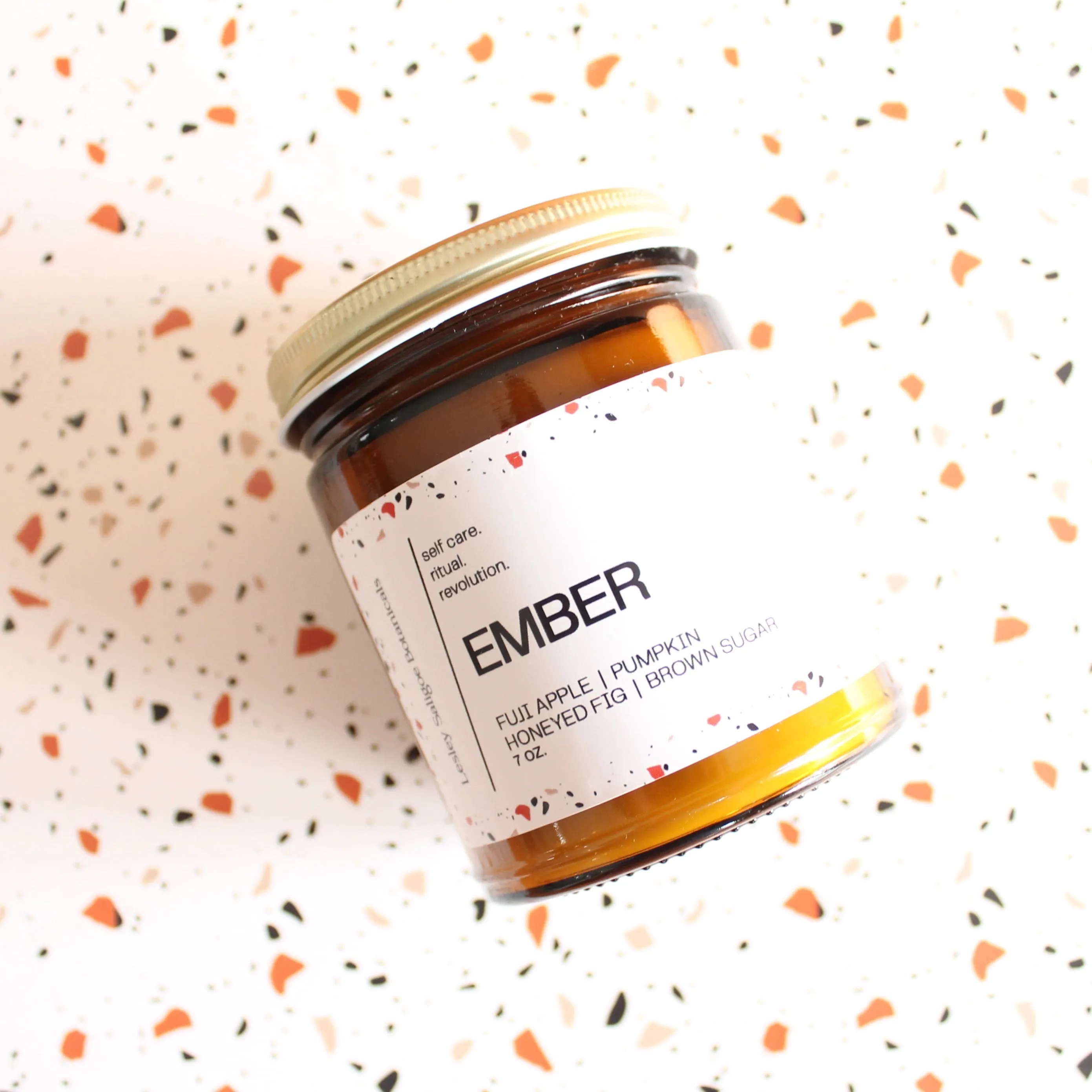 EMBER. Roasted Pumpkin. Apple Butter. Nutmeg. Candied Orange. Cherries. Amber Jar. Traditional Cotton Wick. 7 oz.