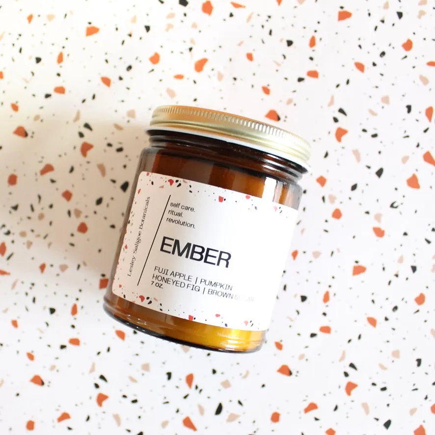 EMBER. Roasted Pumpkin. Apple Butter. Nutmeg. Candied Orange. Cherries. Amber Jar. Traditional Cotton Wick. 7 oz.