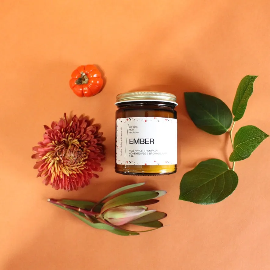 EMBER. Roasted Pumpkin. Apple Butter. Nutmeg. Candied Orange. Cherries. Amber Jar. Traditional Cotton Wick. 7 oz.