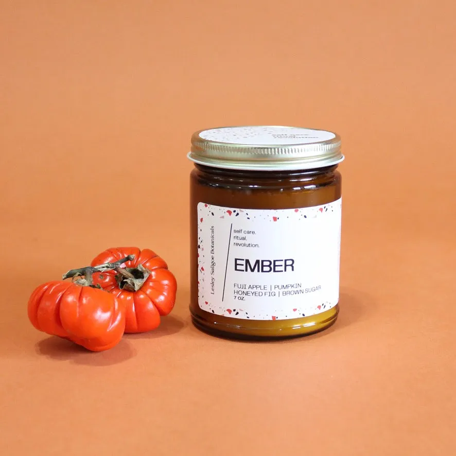 EMBER. Roasted Pumpkin. Apple Butter. Nutmeg. Candied Orange. Cherries. Amber Jar. Traditional Cotton Wick. 7 oz.