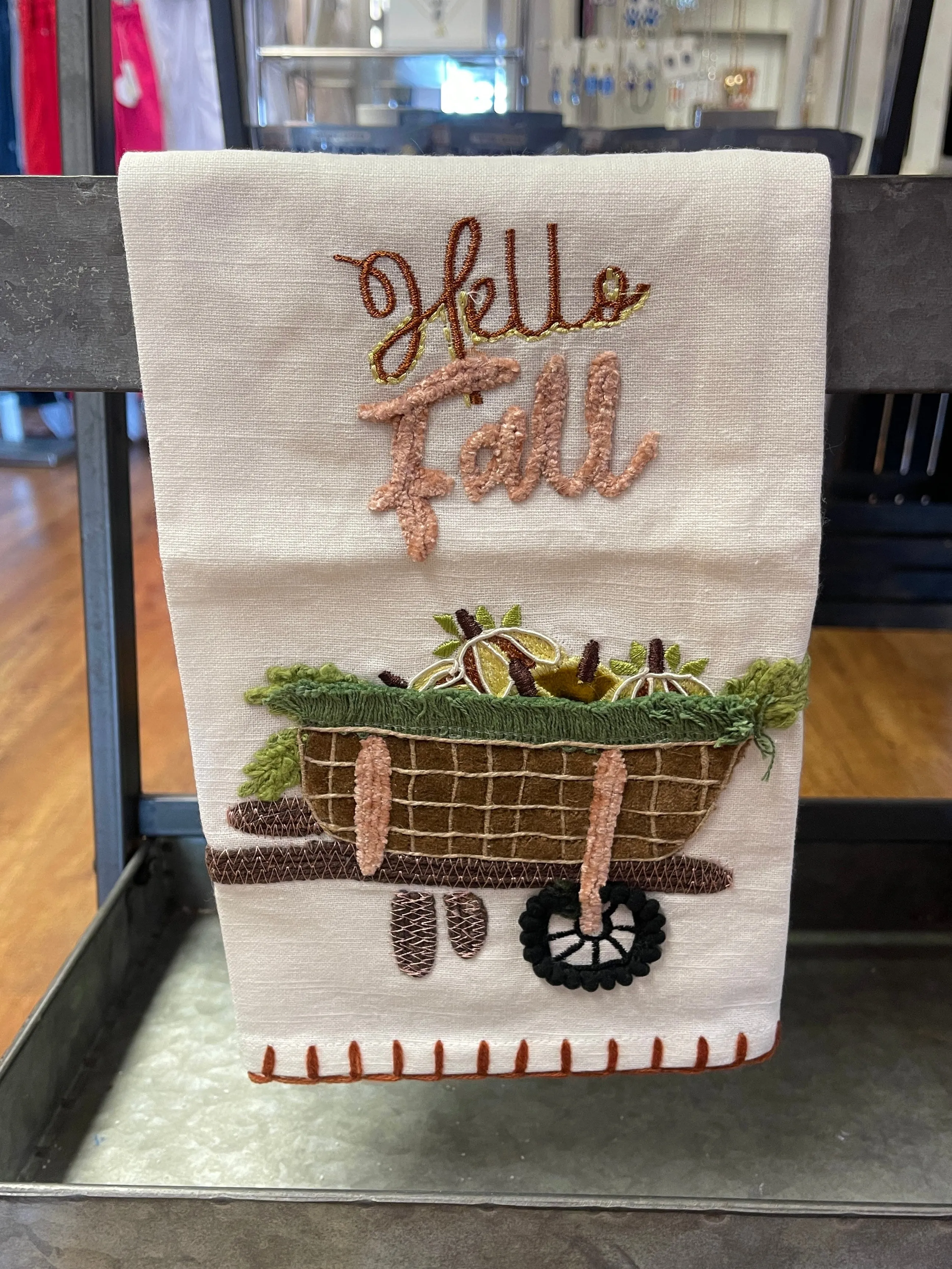 Embroidered Hello Fall Wheelbarrow Tea Towel 19X28